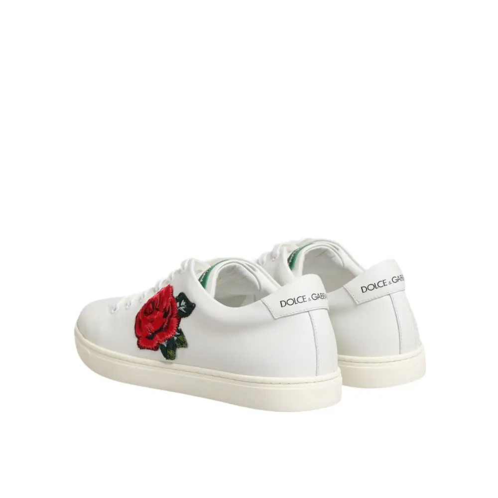 Dolce & Gabbana White Leather Rose Embroidery Low-Top Shoes - Sneakers