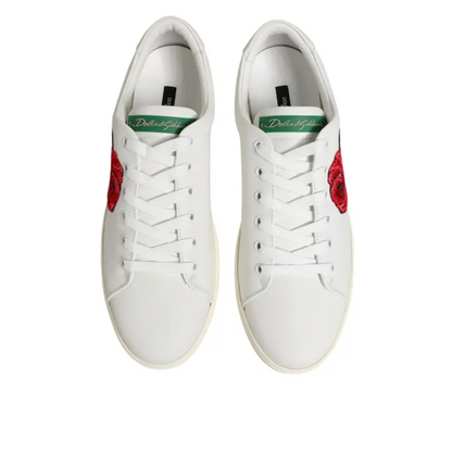 Dolce & Gabbana White Leather Rose Embroidery Low-Top Shoes - Sneakers