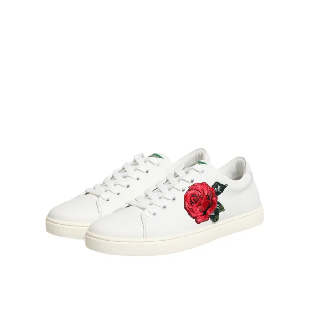 Dolce & Gabbana White Leather Rose Embroidery Low-Top Shoes - Sneakers