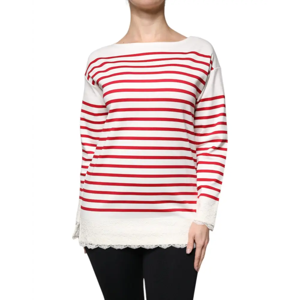 Dolce & Gabbana rød-hvid stribet langærmet top med blonds i outlet mærkevarer