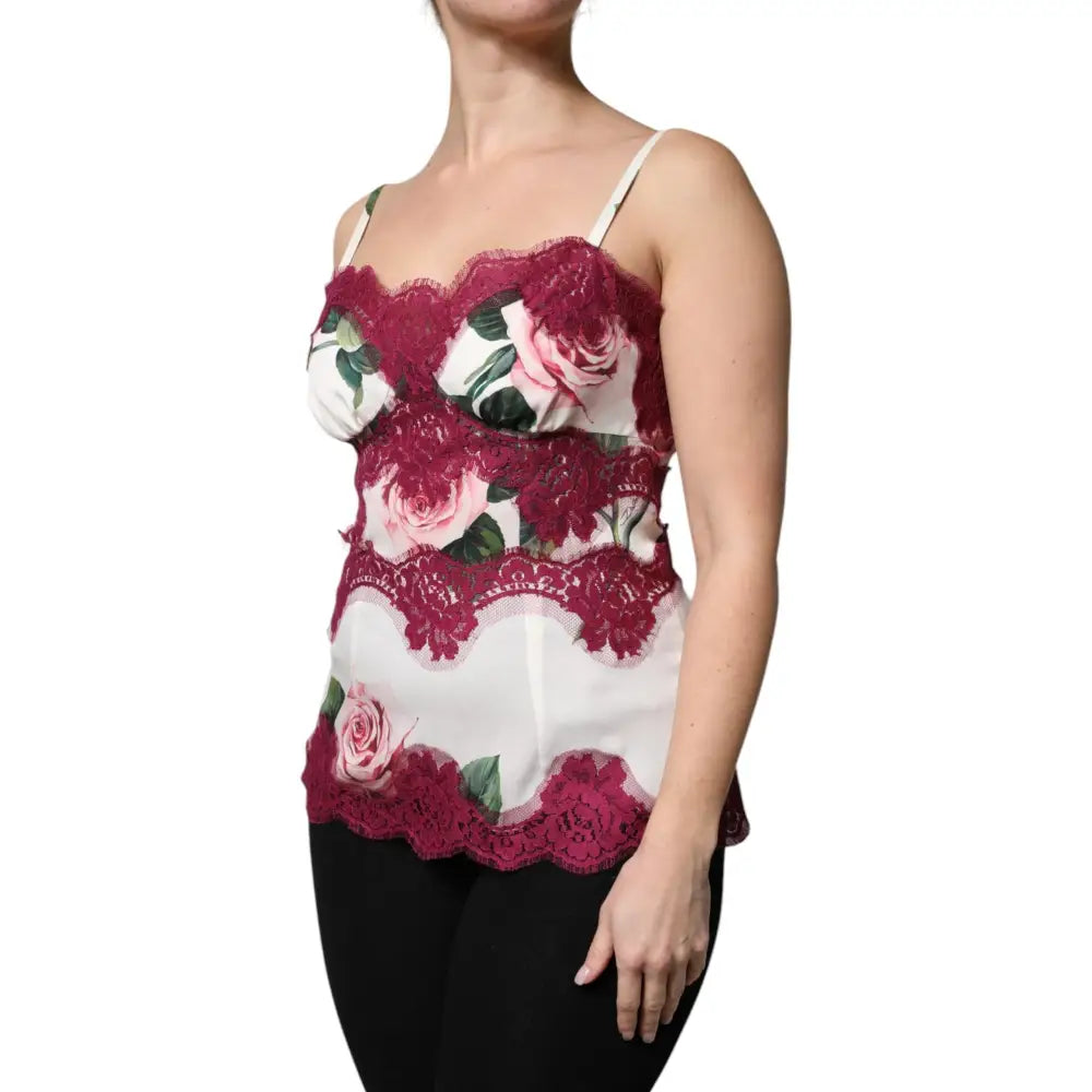 Dolce & Gabbana White Rose Print Satin Lace Tank Top Lingerie