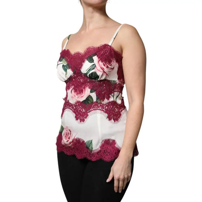 Dolce & Gabbana White Rose Print Satin Lace Tank Top Lingerie