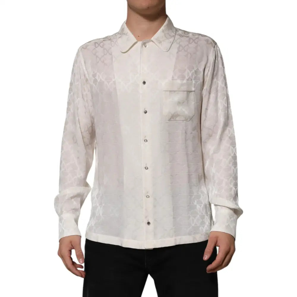 Dolce & Gabbana White Silk DG Logo Print Long Sleeves Shirt