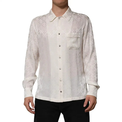 Dolce & Gabbana White Silk DG Logo Print Long Sleeves Shirt