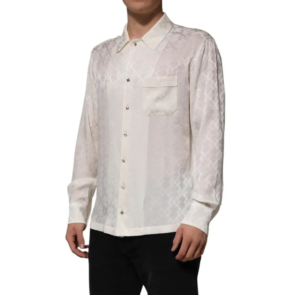 Dolce & Gabbana White Silk DG Logo Print Long Sleeves Shirt