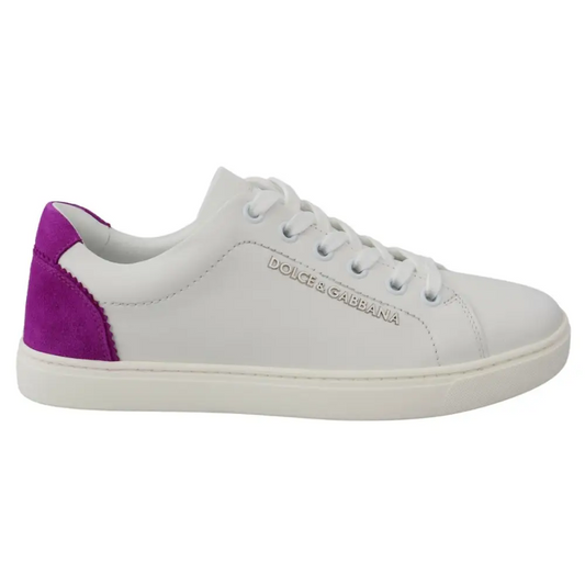 Hvide Dolce & Gabbana low top sneakers i læder med lilla suede hæl