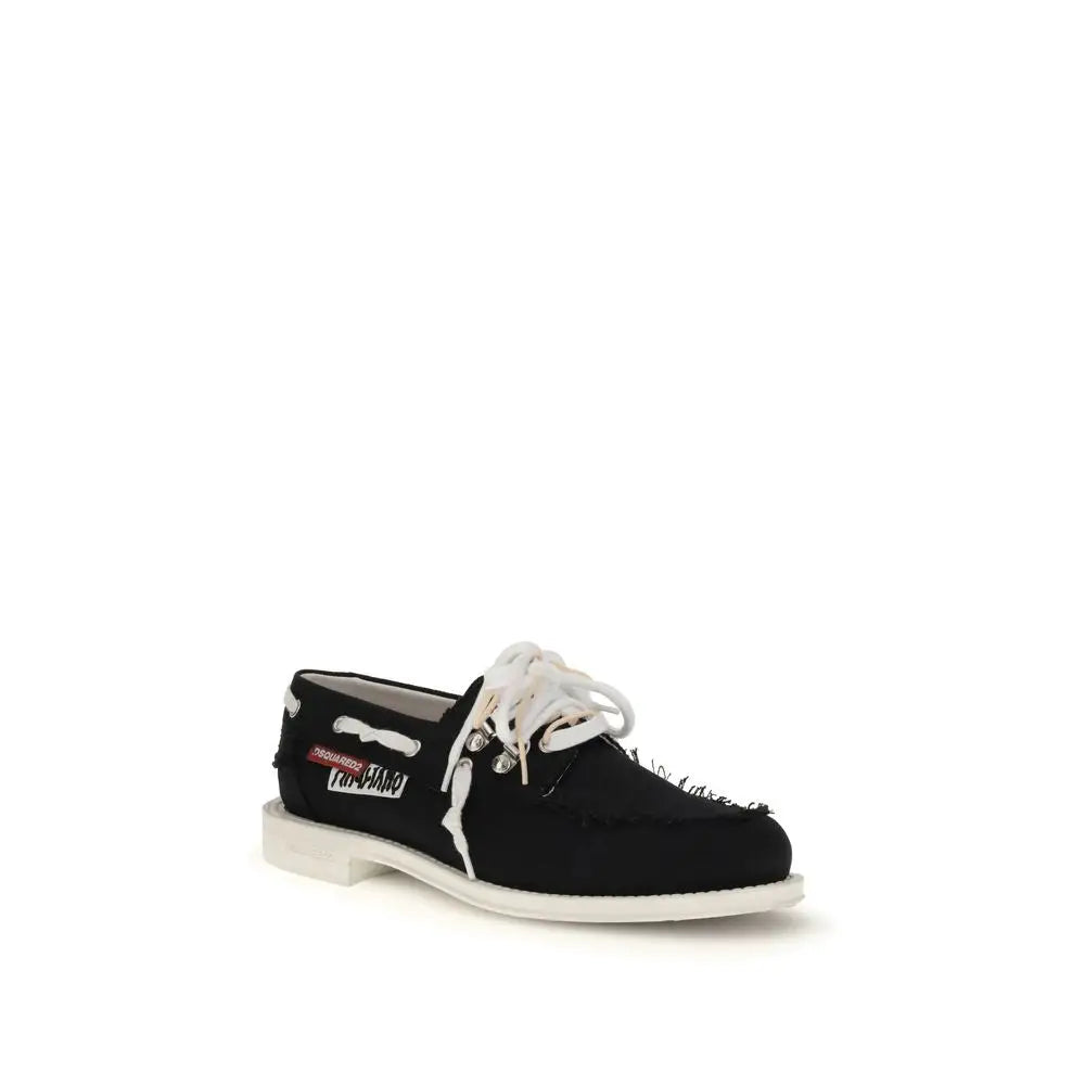 Sorte Dsquared² boat shoes i sort canvas med hvide snører, slidt detalje og hvid gummisål