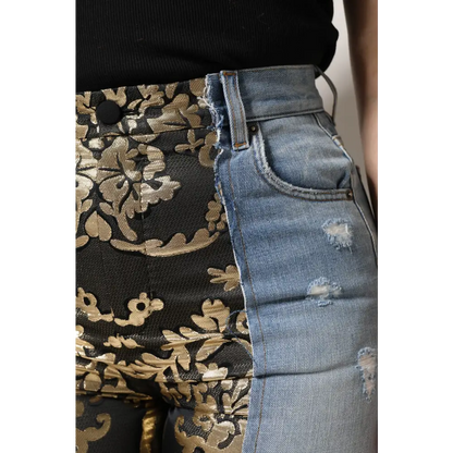 Dolce & Gabbana multicolor patchwork high waist jeans med distressed blå denim og sort-guld panel