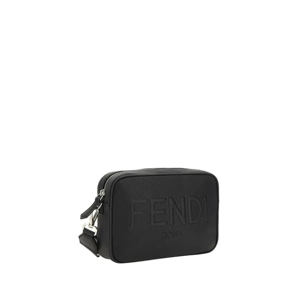 Sort Fendi sort bomuldsskuldertaske med logo og sølvbeslag, 100% original