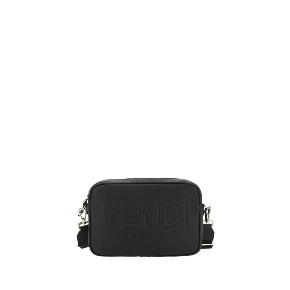 Fendi sort bomuld skulderpose med logo og sølv hardware, 100% originale brands