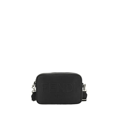 Fendi sort bomuld skulderpose med logo og sølv hardware, 100% originale brands