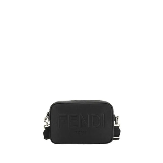 Fendi sort bomuld skulderpose med logo og sølv hardware, 100% originale brands