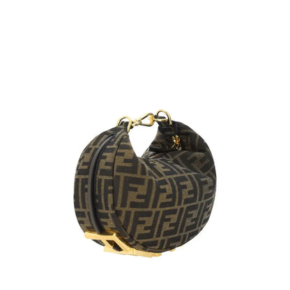 Fendi brun stof skulderpose med FF-monogram og guldhardware