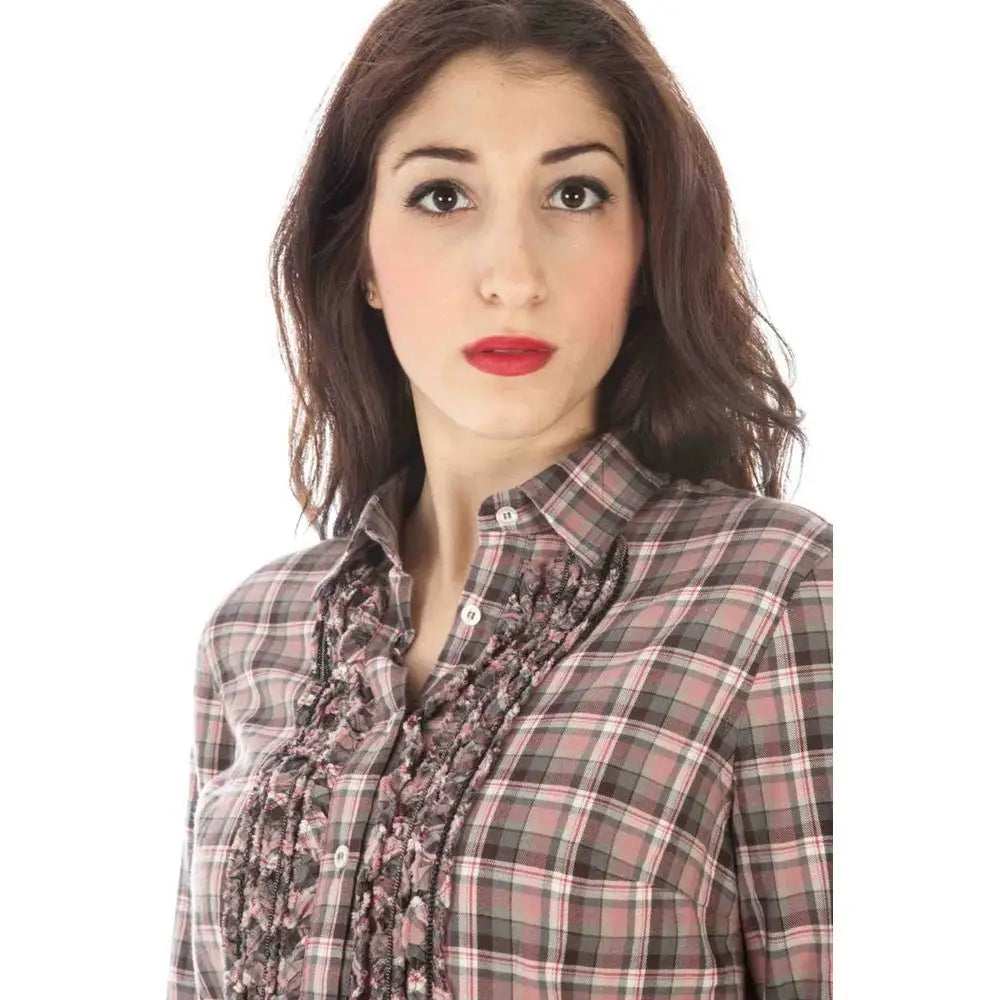 Fred Perry pink cotton shirt med blomsterbroderi i rutemønster