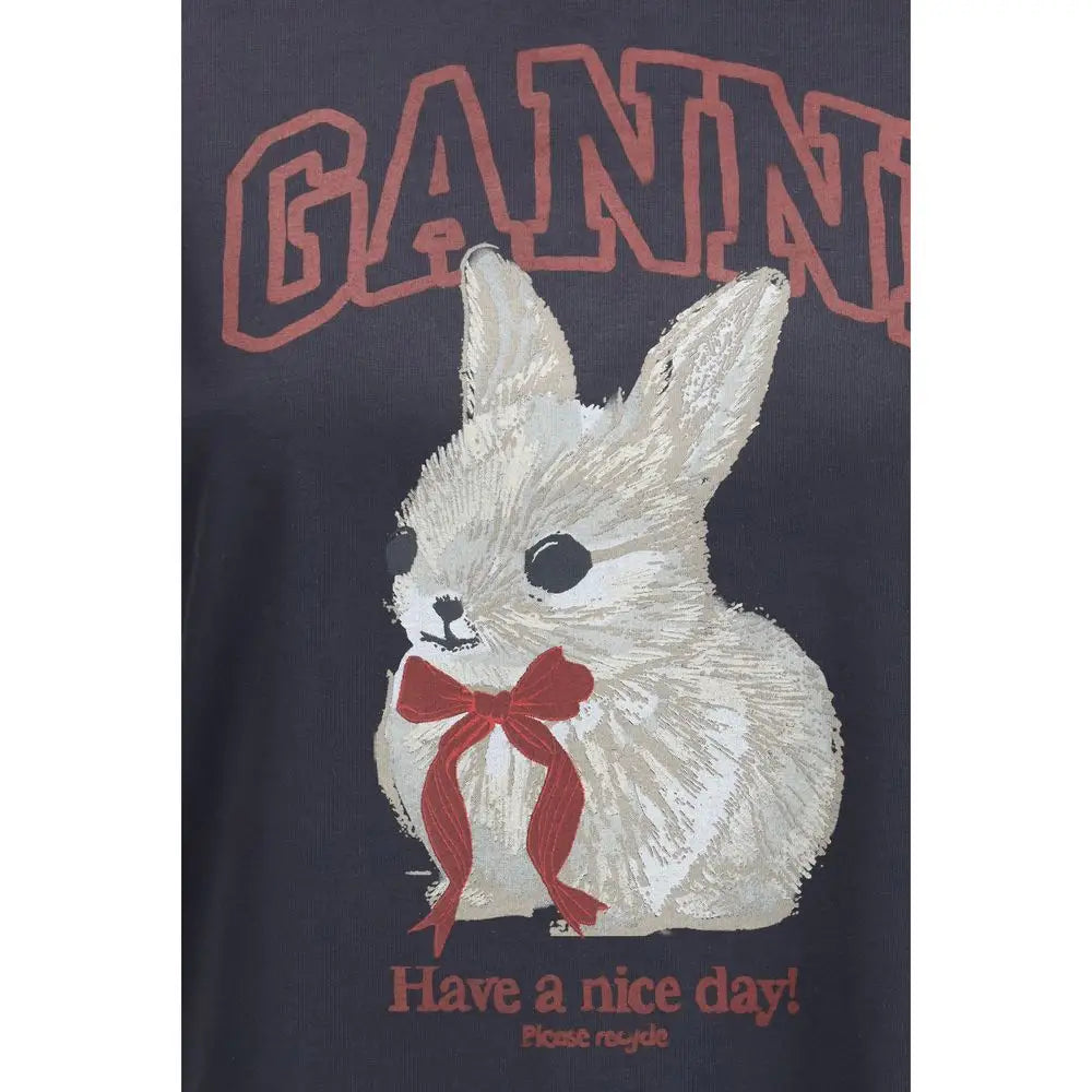 Ganni sorte t-shirt med hvid kanin i tekstureret stil, 100% originale brands