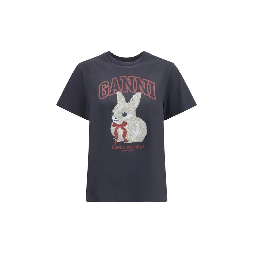 Sort sorte Ganni t-shirt med hvid broderet kanin og rød sløjfe. 100% originale brands
