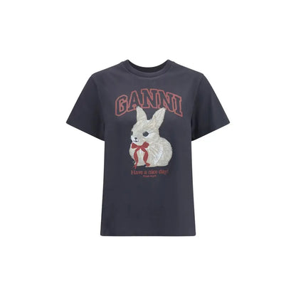 Sort sorte Ganni t-shirt med hvid broderet kanin og rød sløjfe. 100% originale brands