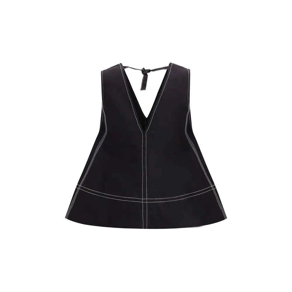 Ganni black elastane top med v-hals og hvide syn-detaljer