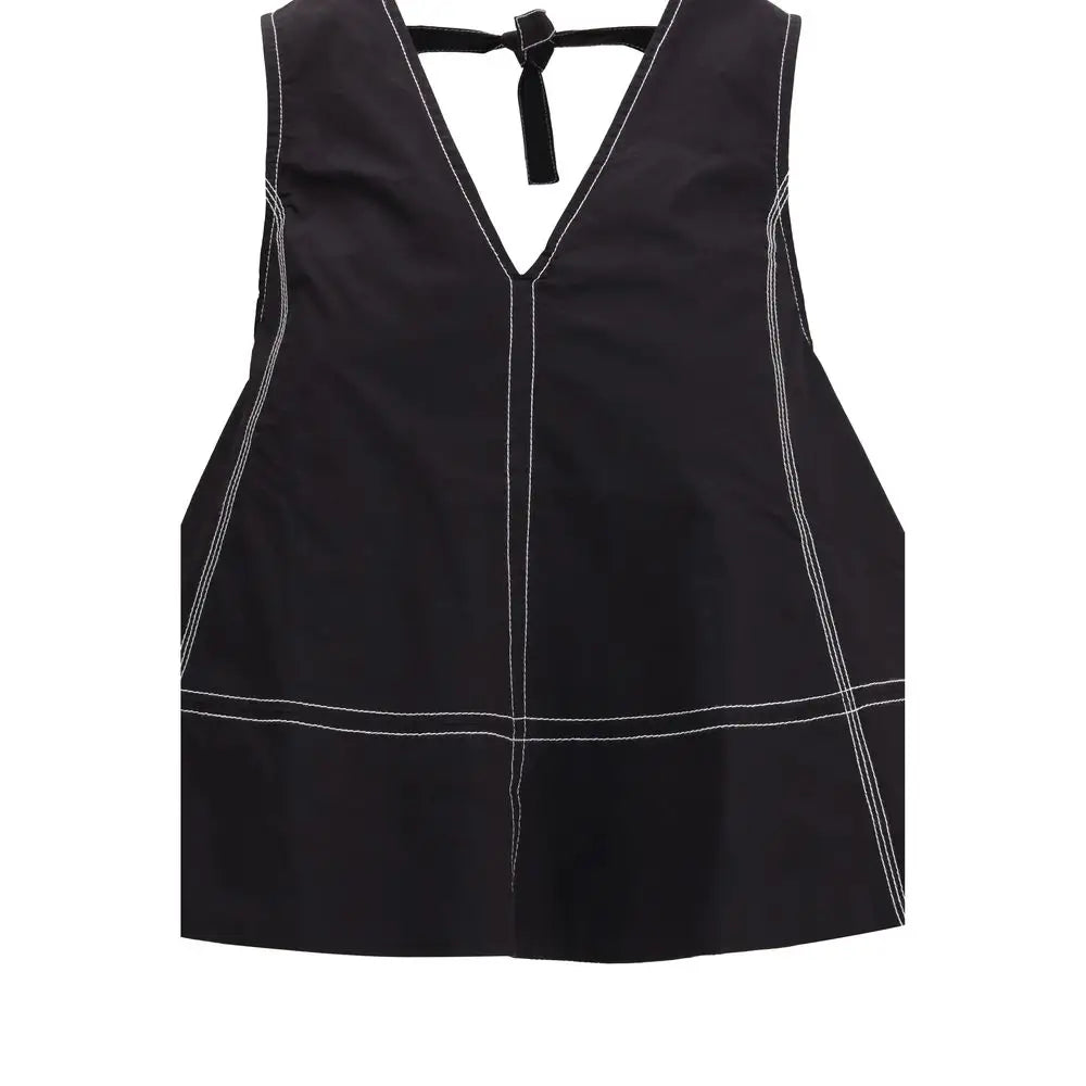 Ganni black elastane top med hvid kontrastsyning og bagside slipsdetalje