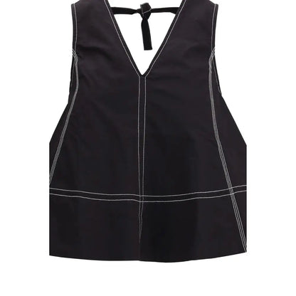 Ganni black elastane top med hvid kontrastsyning og bagside slipsdetalje