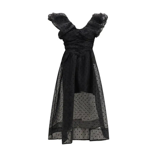 Ganni black recycled polyester cocktail dress med prikket mesh, volants og slips