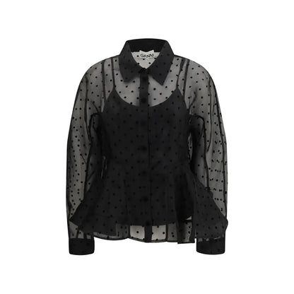 Ganni black recycled polyester pattern shirt with polka-dot sheer blouse