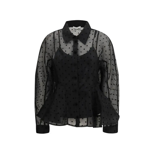 Ganni black recycled polyester pattern shirt with polka-dot sheer blouse