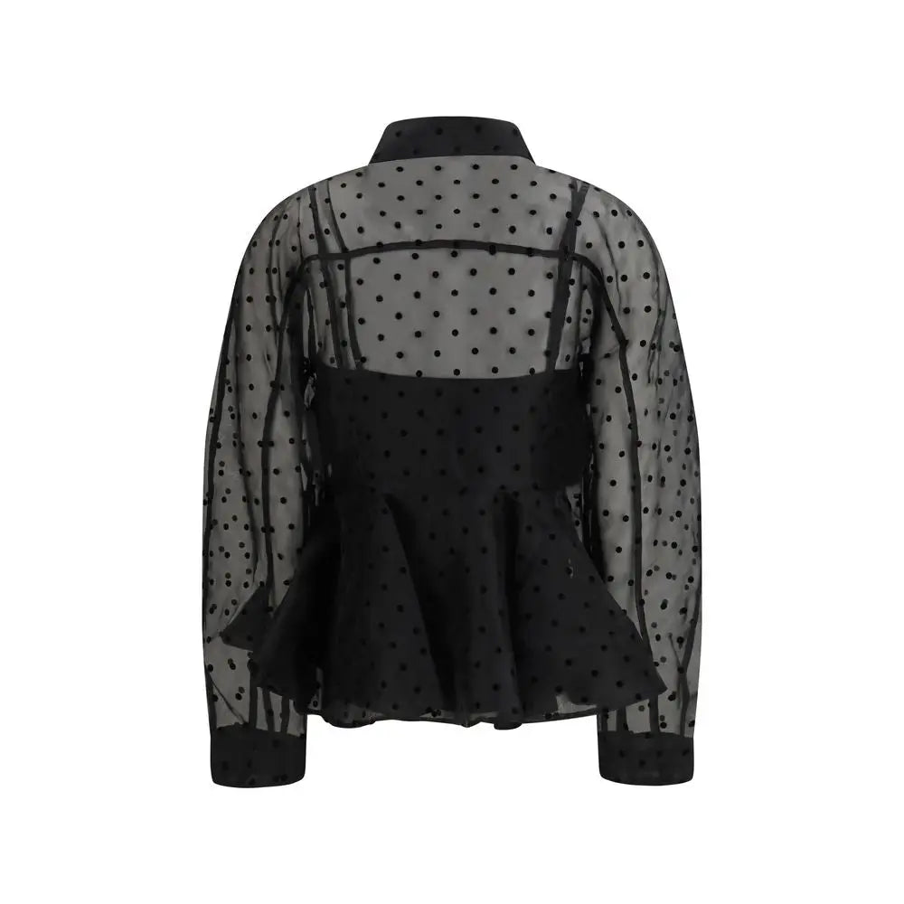 Ganni black recycled polyester pattern shirt with polka-dot sheer blouse and peplum hem