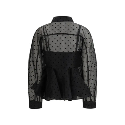 Ganni black recycled polyester pattern shirt with polka-dot sheer blouse and peplum hem