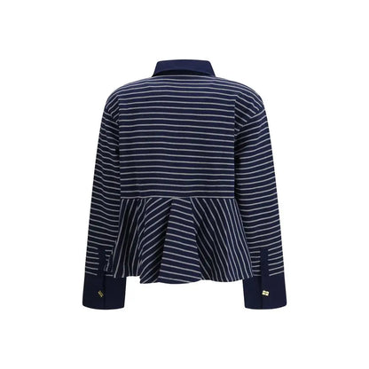Ganni blå polo shirt med navy blå-hvid stribet peplum jakke
