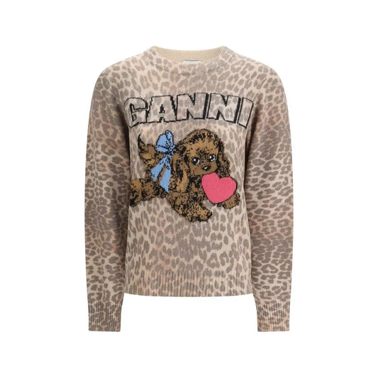 Ganni brune uld sweatshirt med beige leopardprint og brunt hvalpeknit
