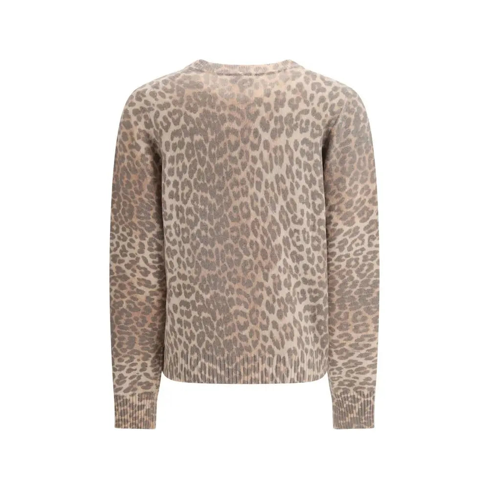 Ganni brune uld sweatshirt i beige og taupe leopard-print med ribkant