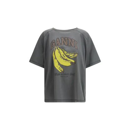 Grå bomulds t-shirt fra Ganni med gul banan og Have a nice day!