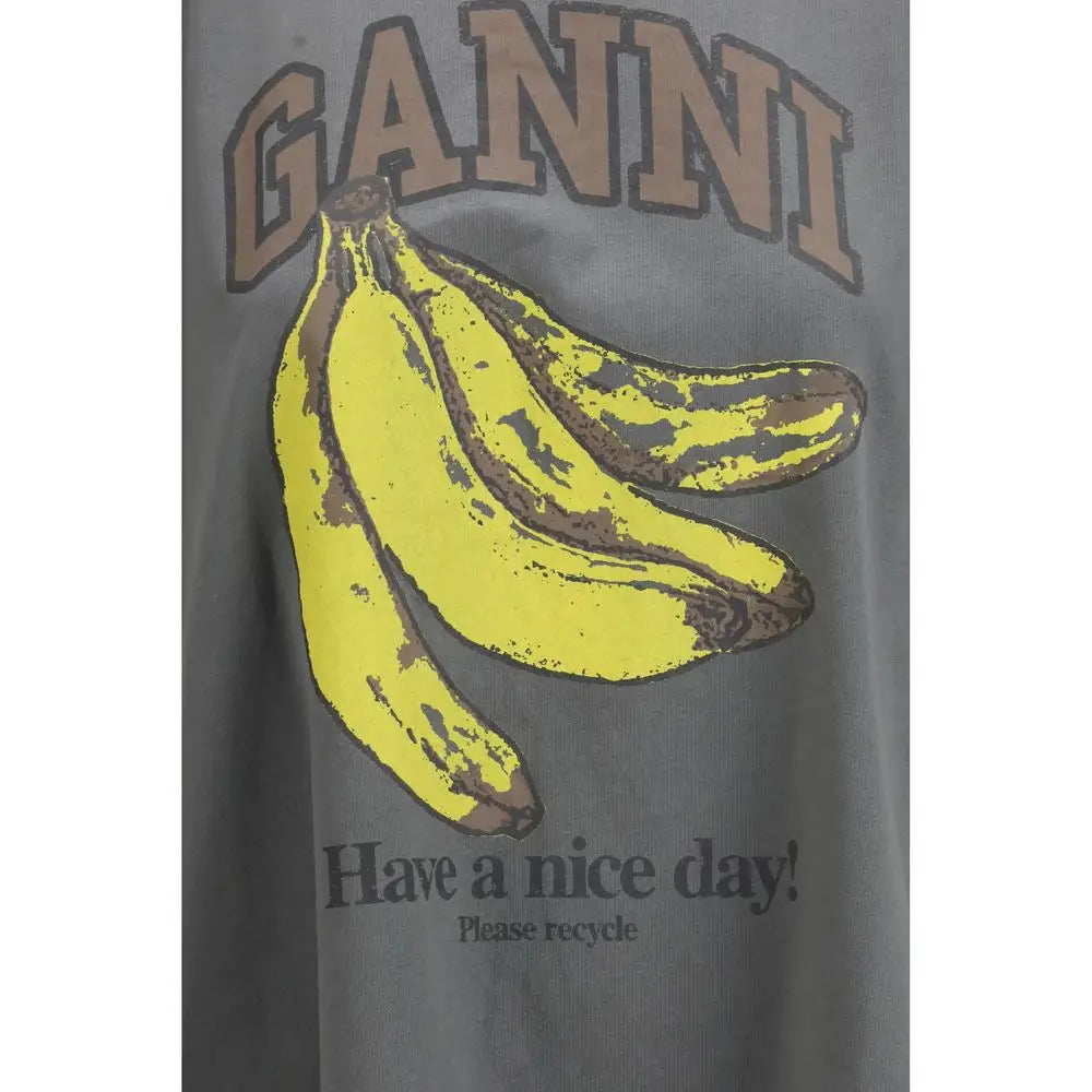 Grå bomulds t-shirt fra Ganni med gul banan og Have a nice day!