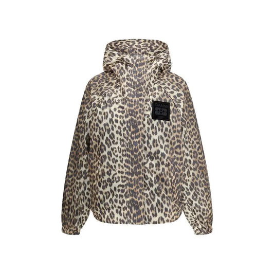Ganni leopard regnfrakke i beige og grå leopardprint med sort patch