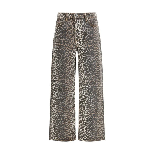 Ganni multicolor high-waisted wide-leg jeans med faded grå-sort leopardprint