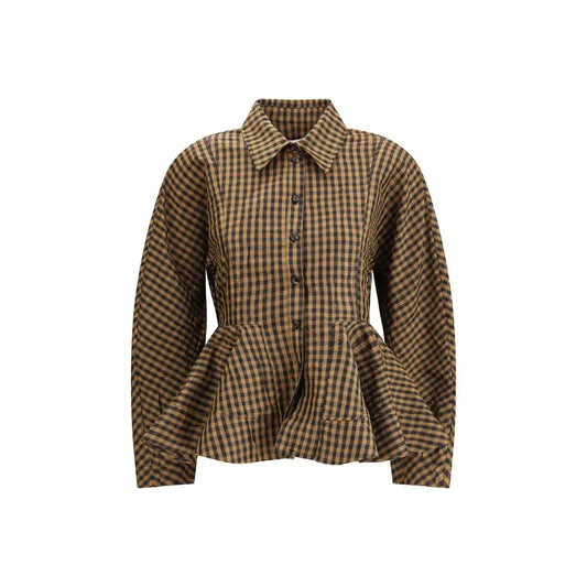 Ganni multicolor polyester blouse i brun og sort ternmønster med knapfront