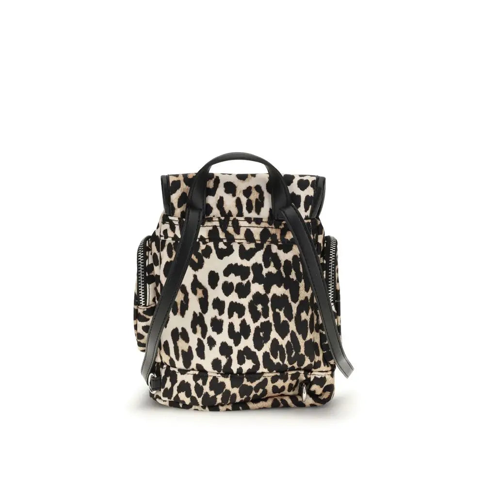 Ganni multicolor recycled polyamide backpack in black and beige leopard print with leather straps