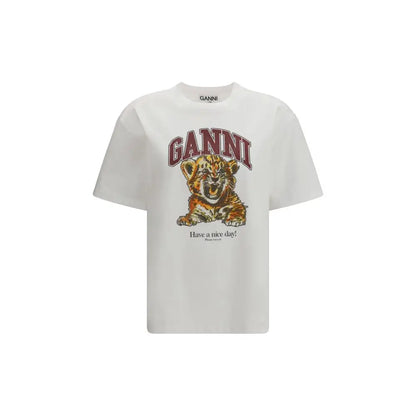 Ganni white cotton t-shirt med orange tigerunge grafik og have a nice day!