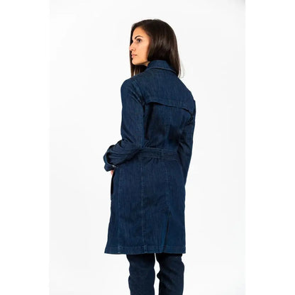 Mørkeblå denim jakke med belte og klassisk krave, 100% originale brands