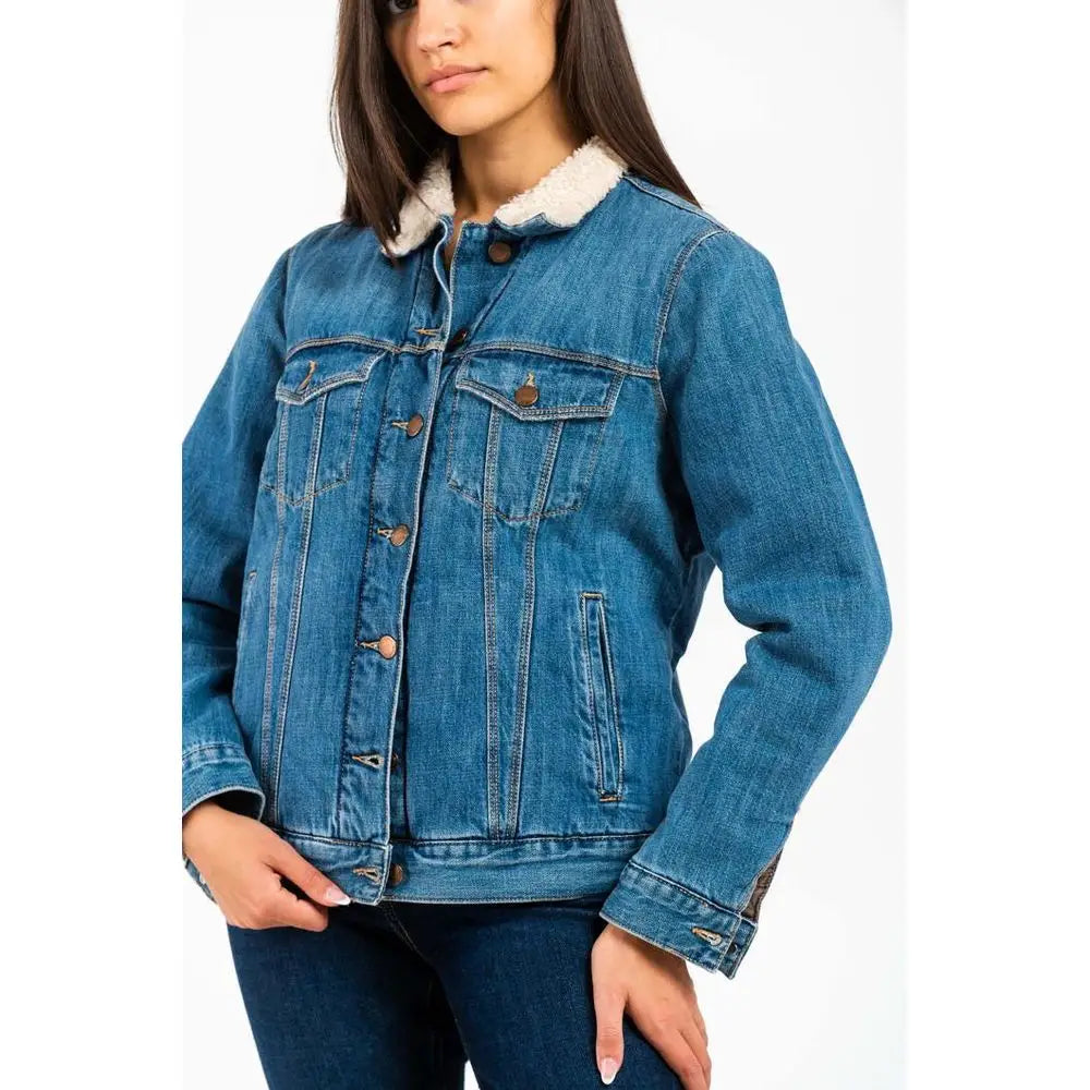 Gas Blue bomulds denim jakke med hvid shearlingkrave og brune knapper, spar 30-70% på mode