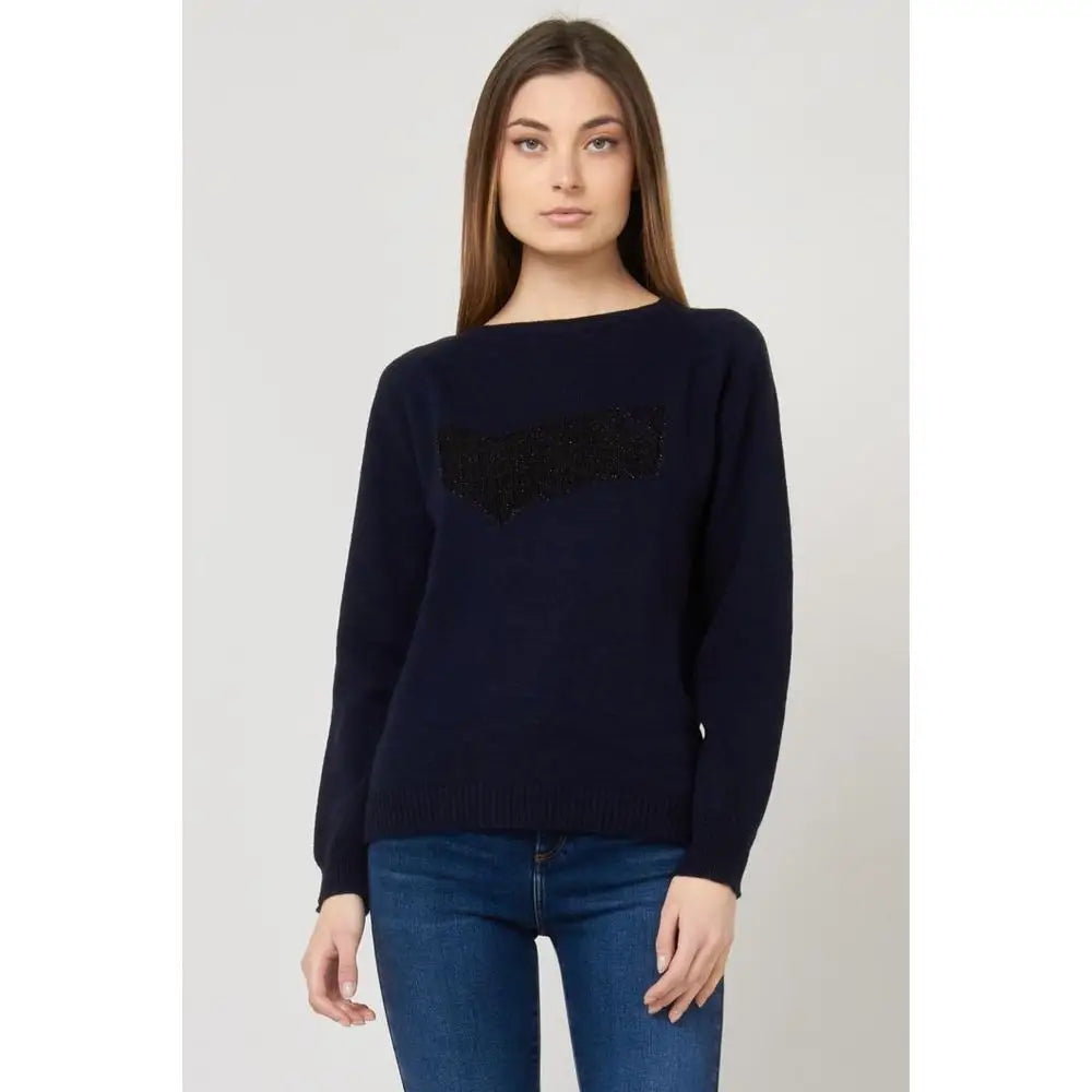 Gas navy blue marabou sweatshirt med sort sequin grafik på brystet