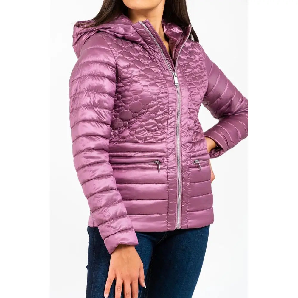 Gas pink polyester parka: shiny quilted purple puffer with hood
