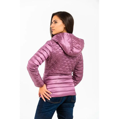 Gas pink polyester parka: shiny lavender quilted puffer jacket with hood