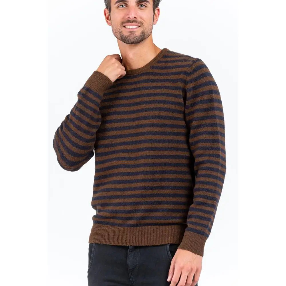 Gas red marabou sweatshirt med brune og marineblå striber, ribbet krave