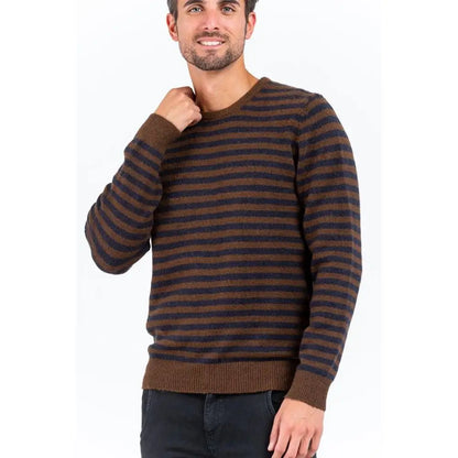 Gas red marabou sweatshirt med brune og marineblå striber, ribbet krave