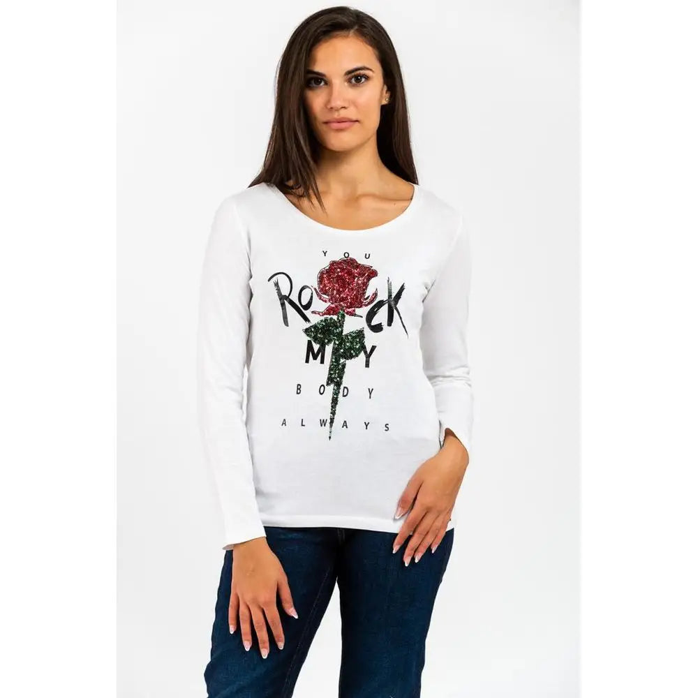 Gas white cotton long sleeve t-shirt med glitterende rød rose og tekst you rock my body always