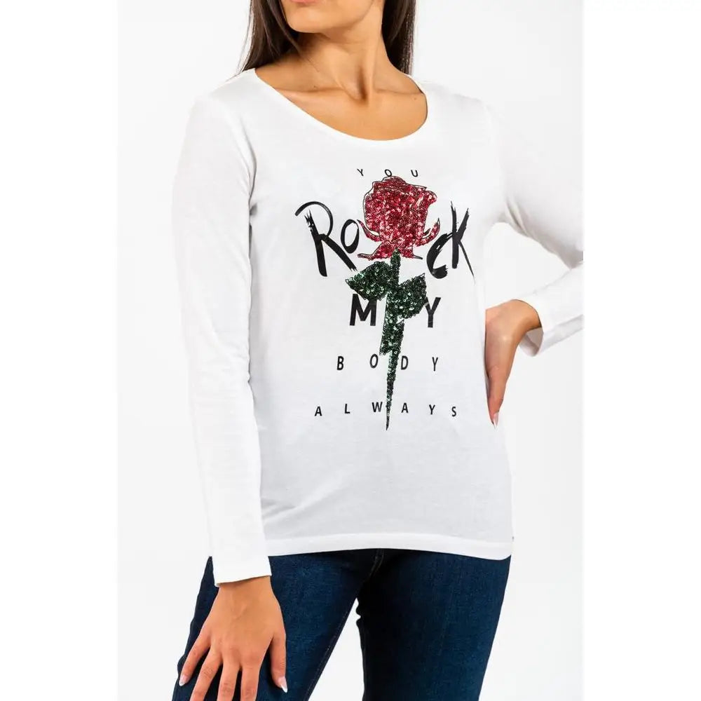 Gas White Cotton langærmet T-shirt med glitterende rød rose og tekst you rock my body always