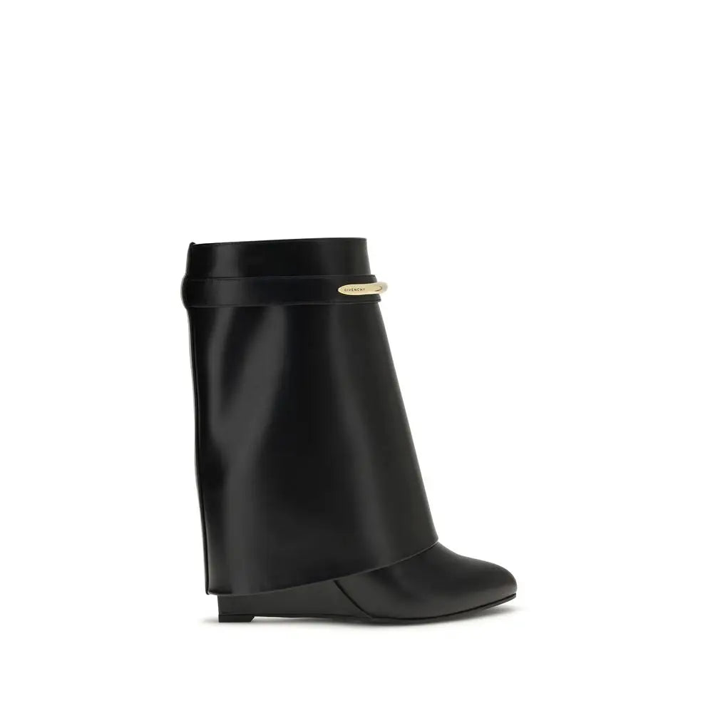 Genuine Givenchy black calf leather ankle boots with glossy finish and gold logo