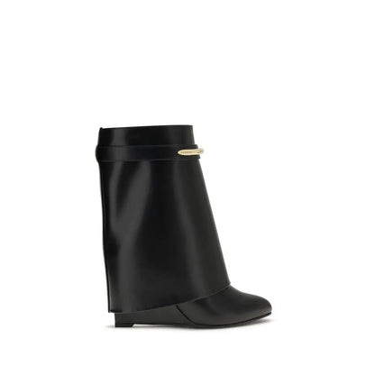 Genuine Givenchy black calf leather ankle boots with glossy finish and gold logo
